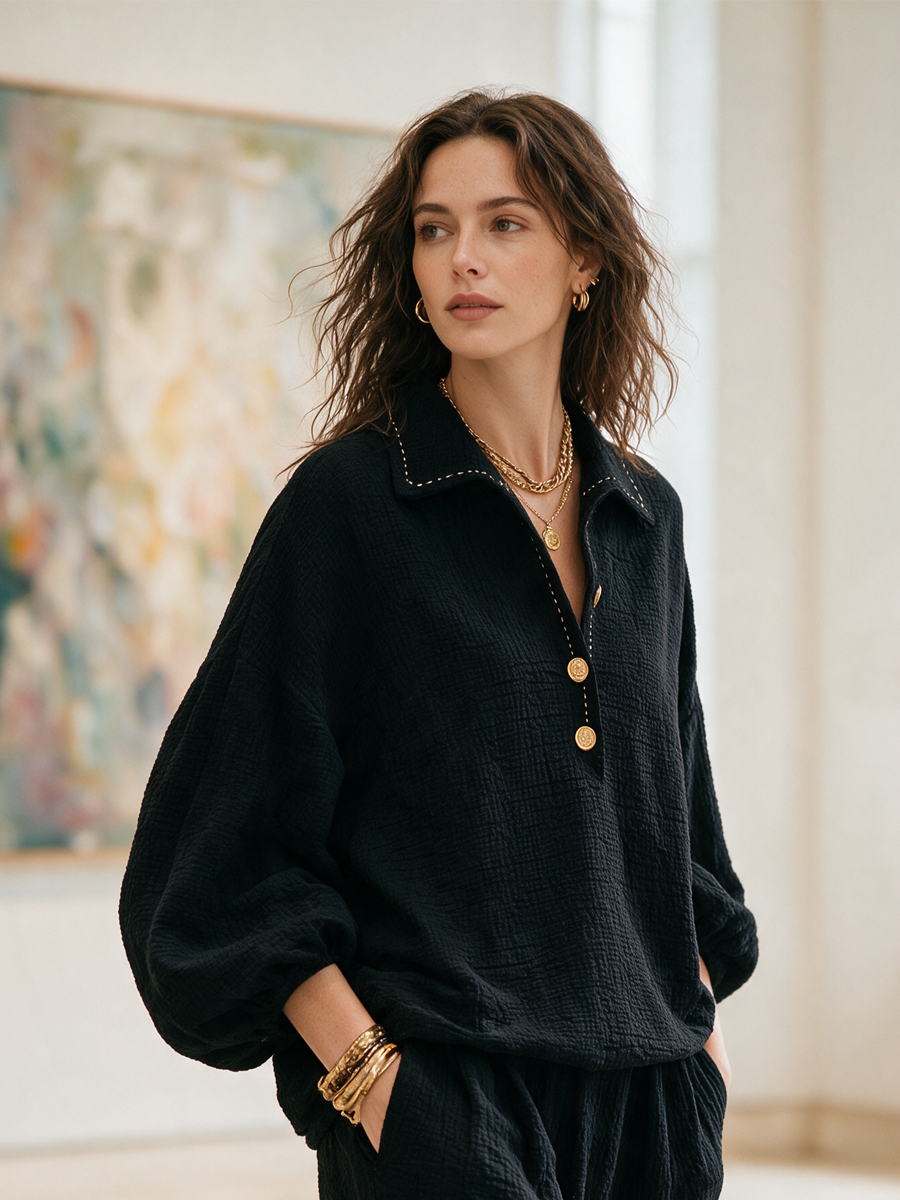 Relaxed Black Textured Collared Gold-Button Pullover Top