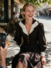 Romantic Black Woven Lace-Collar Puff-Sleeve Midi Dress