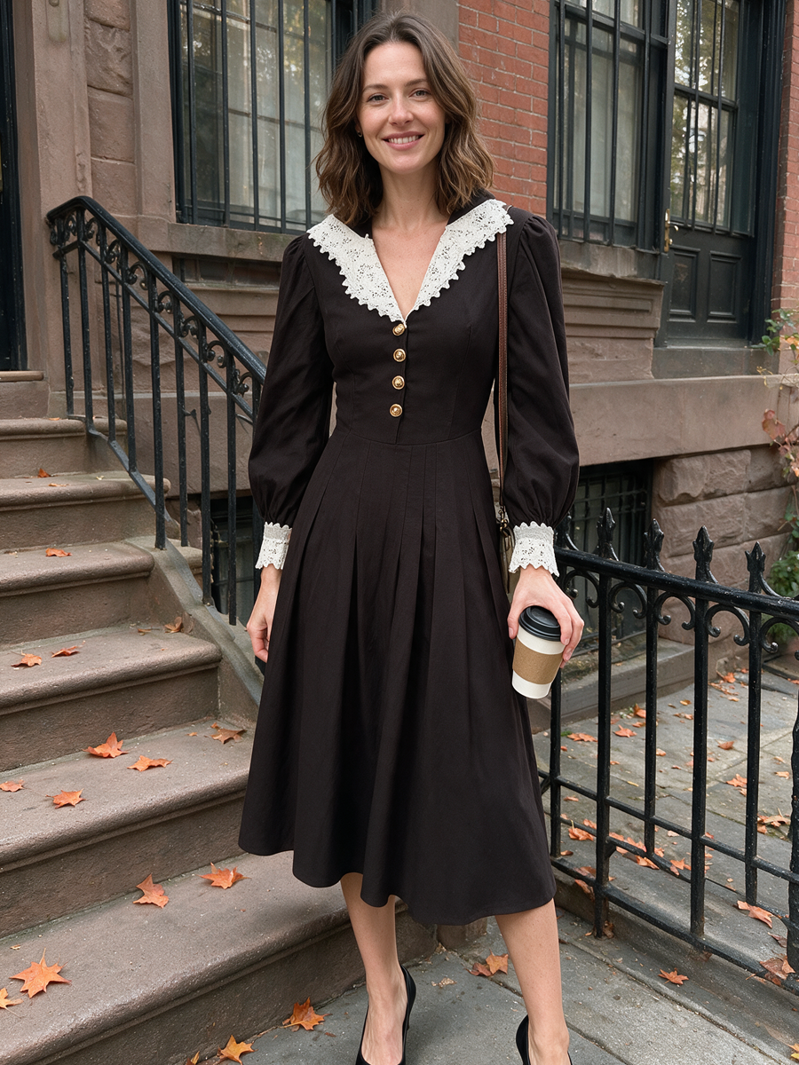 Romantic Black Woven Lace-Collar Puff-Sleeve Midi Dress