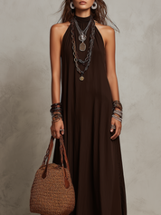 Dark Brown Halter Neck Minimalist Long Dress