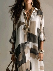 Boho Abstract Print Button-Front Relaxed Fit Maxi Dress