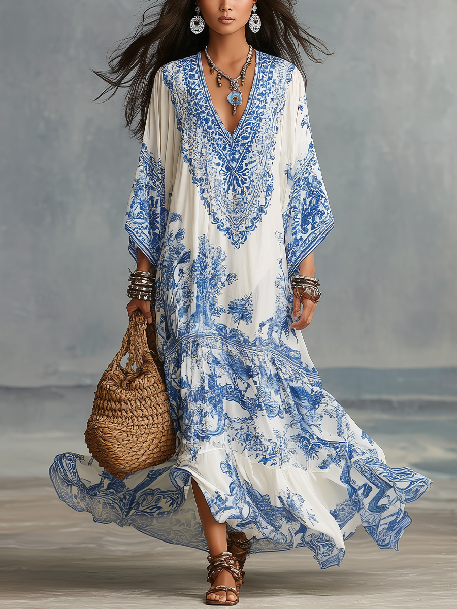 Refined Blue Porcelain Print V-Neck Kaftan Dress