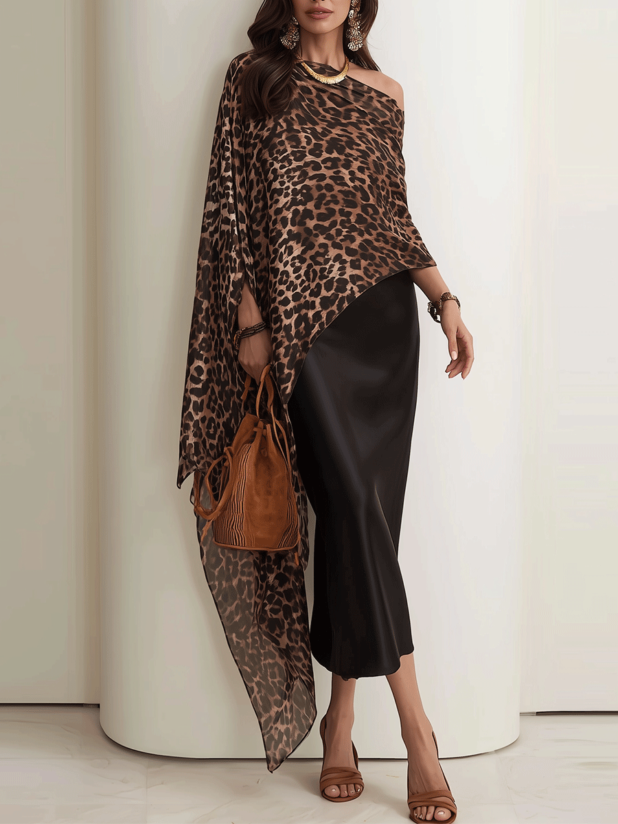 Glam Boho Leopard Chiffon Cape Top & Black Satin Maxi Skirt Set
