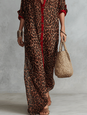 Effortless Glam Sheer Leopard Deep-V Belted Brown Shirt Maxi Dress