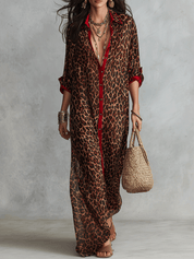 Effortless Glam Sheer Leopard Deep-V Belted Brown Shirt Maxi Dress