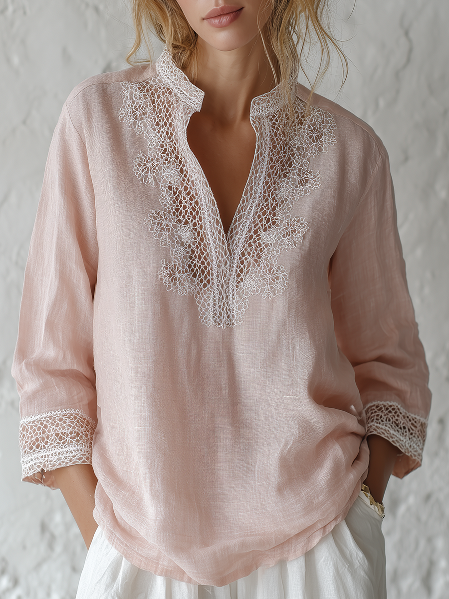 Delicate Blush Lace Trim Linen Blouse