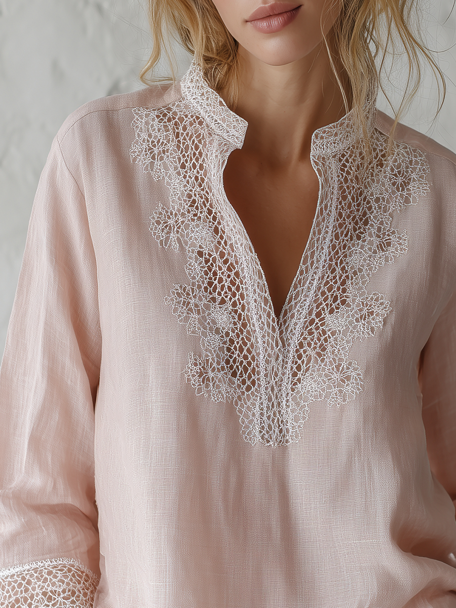 Delicate Blush Lace Trim Linen Blouse
