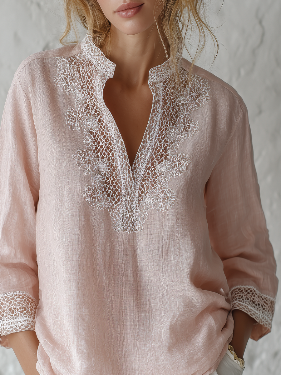 Delicate Blush Lace Trim Linen Blouse