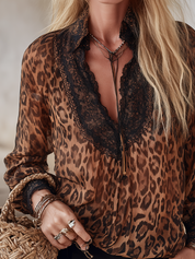 Boho Luxe Leopard Lace Trim Chiffon Blouse Top