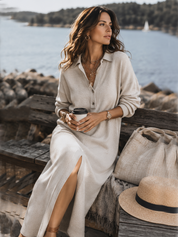 Refined Oatmeal Polo Knit Midi Dress