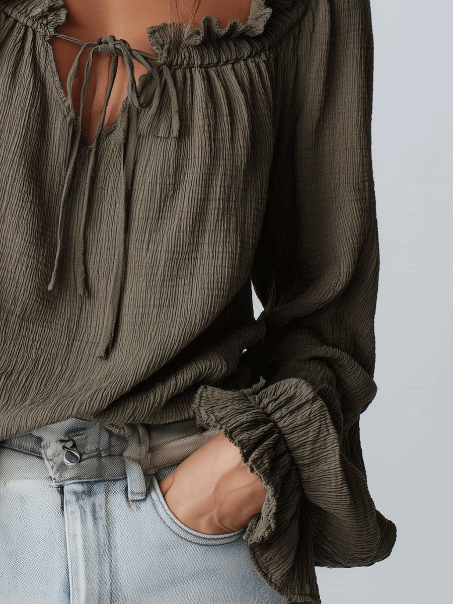 Chic Textured Cotton Split-Neck Lantern-Sleeve Olive Green Blouse