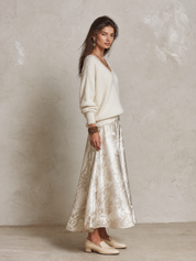 Elegant V-Neck Ribbed Sweater & Jacquard Skirt Set