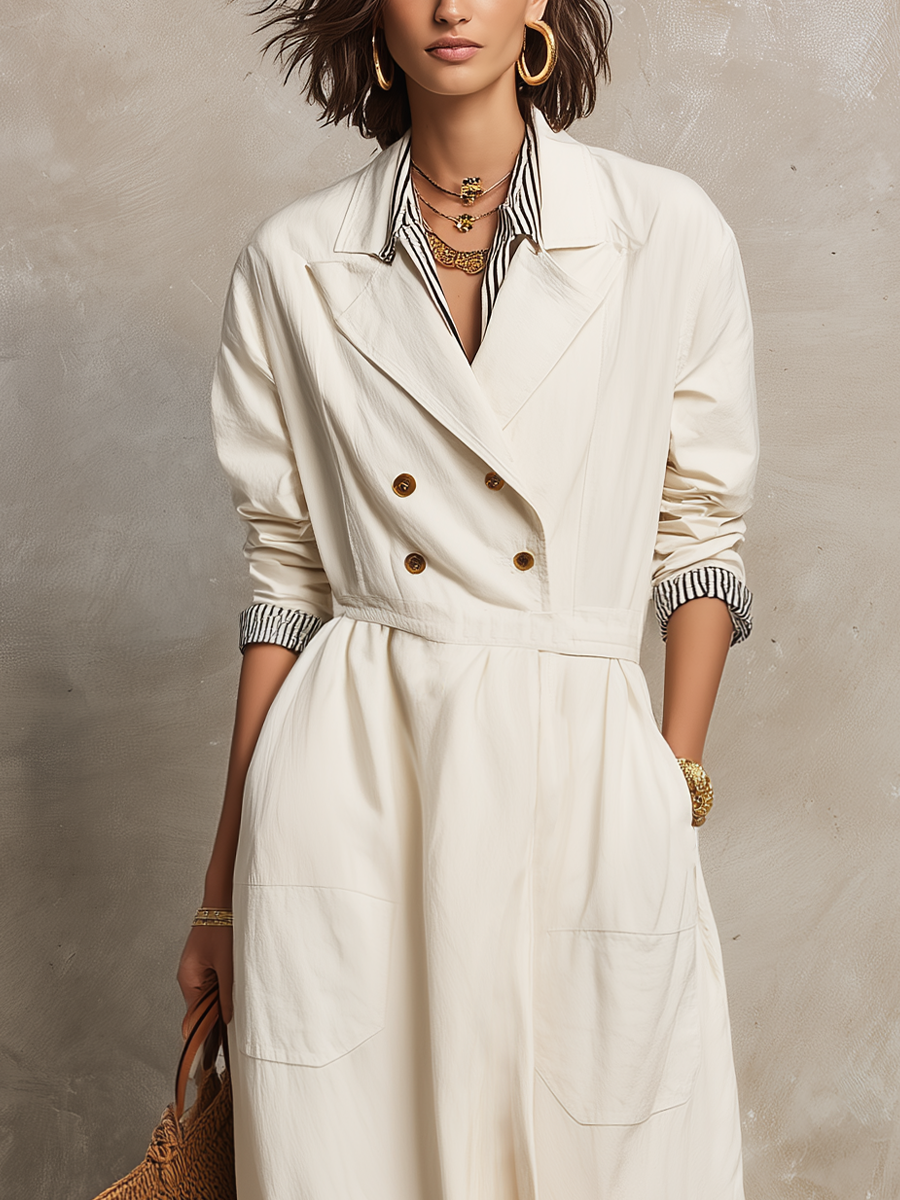Sophisticated Ivory Double-Breasted Trench Maxi Dress