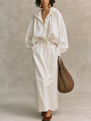 Minimalist White Hooded Drawstring Maxi Dress