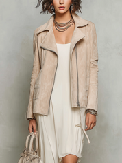 Elegant Khaki Suede Jacket And White Dress Set