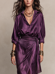Bohemian Plum-colored Satin Shirt And Skirt Suit