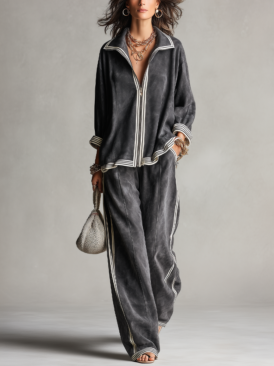 Casual Charcoal Gray Striped Jacket And Trousers Suit