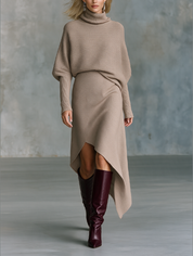 Turtleneck Batwing Sleeve Sweater & Asymmetric Hem Skirt Knit Two-Piece Set