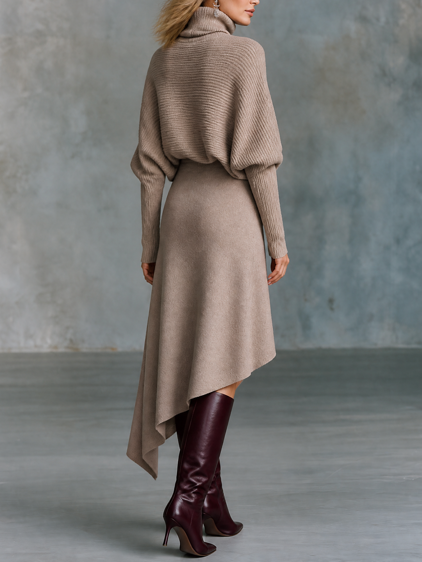 Turtleneck Batwing Sleeve Sweater & Asymmetric Hem Skirt Knit Two-Piece Set
