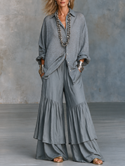 Women's Leopard Jacquard Oversized Shirt & Wide Leg Tiered Pants Two-Piece Set