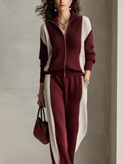 Casual Burgundy Color-blocked Knitwear Set