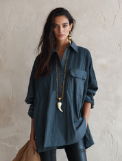 Chic Crinkle-Cotton Collared Hi-Low Petrol Blue Tunic Shirt