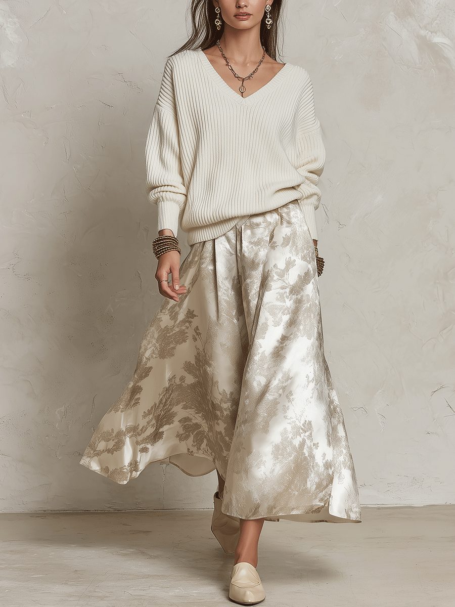 Elegant V-Neck Ribbed Sweater & Jacquard Skirt Set