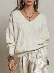 Elegant V-Neck Ribbed Sweater & Jacquard Skirt Set