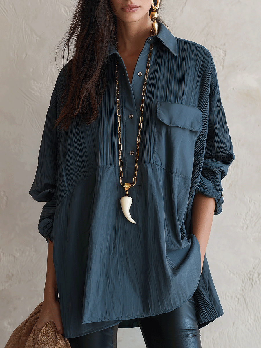 Chic Crinkle-Cotton Collared Hi-Low Petrol Blue Tunic Shirt