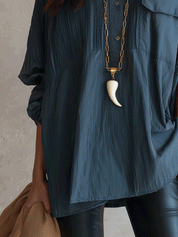 Chic Crinkle-Cotton Collared Hi-Low Petrol Blue Tunic Shirt