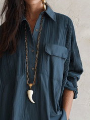 Chic Crinkle-Cotton Collared Hi-Low Petrol Blue Tunic Shirt