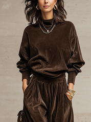 Luxury Brown Velvet Top And Lantern Pants Set