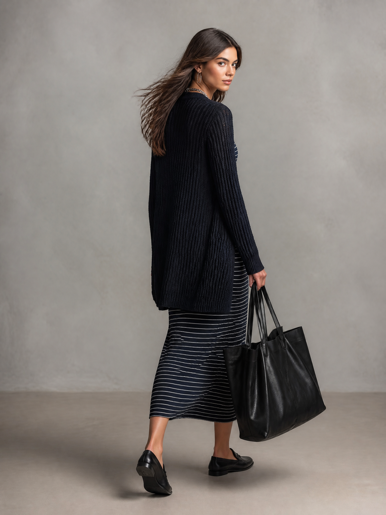 Striped Slip Midi Dress with Knit Cardigan