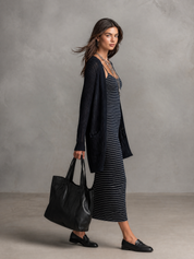 Striped Slip Midi Dress with Knit Cardigan