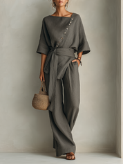 Coastal Minimal Textured Linen Two-Piece Pants Set