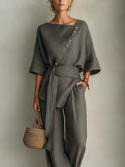 Coastal Minimal Textured Linen Two-Piece Pants Set
