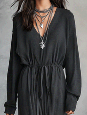 Women's V-Neck Long Sleeve Tie-Waist Side Slit Maxi Dress