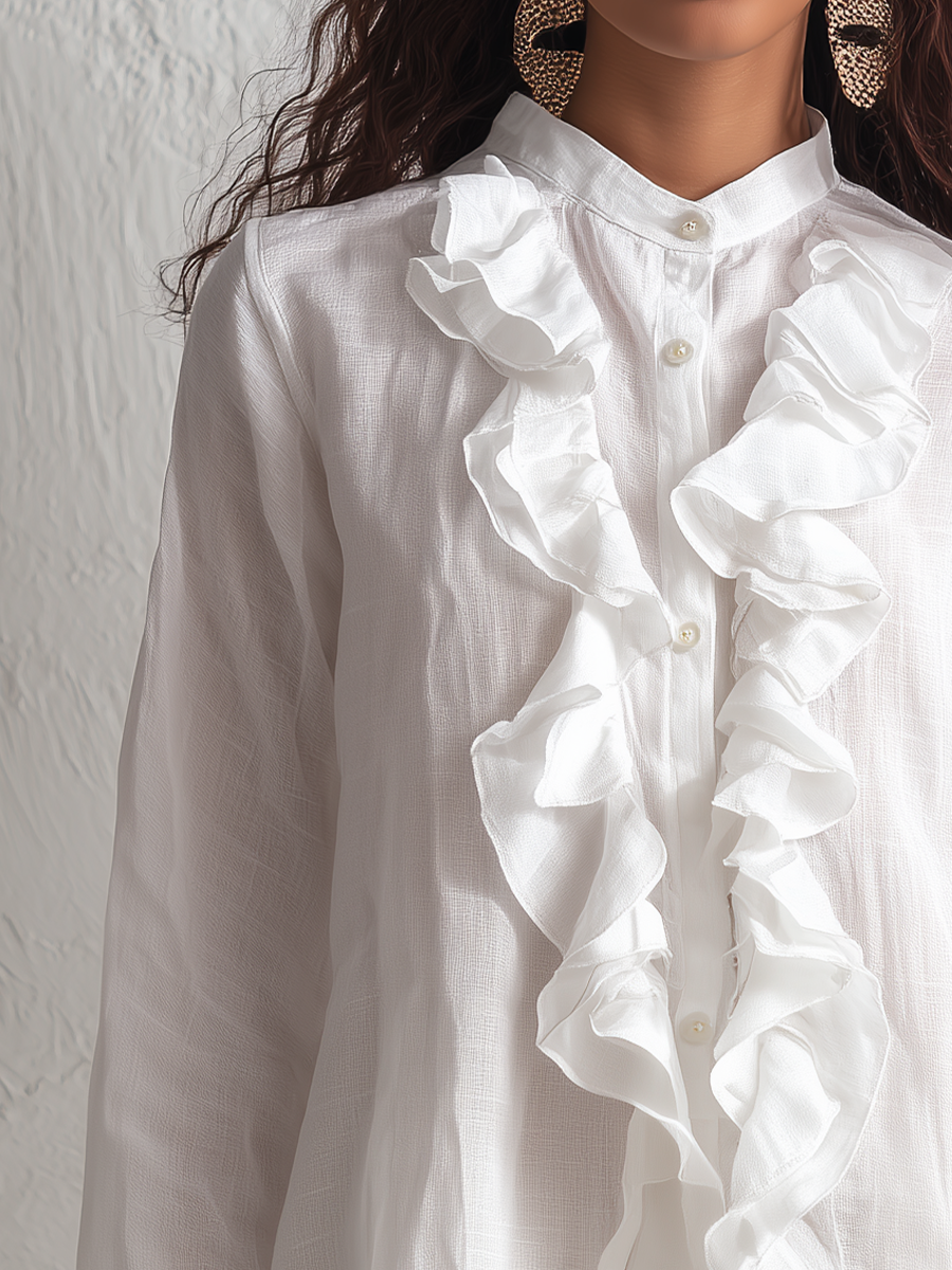 Romantic White Ruffle Front Button-Up Blouse