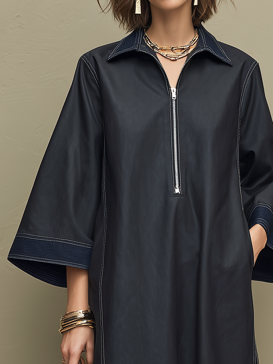 Minimalist Half-Zip A-Line Midi Dress