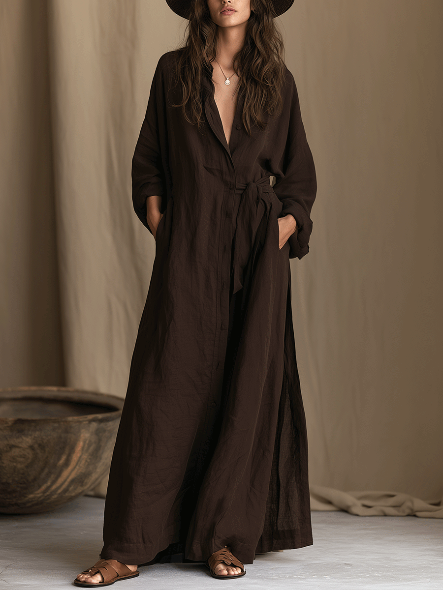 Women's Long Sleeve Belted Deep V Neckline Maxi Shirt Dress