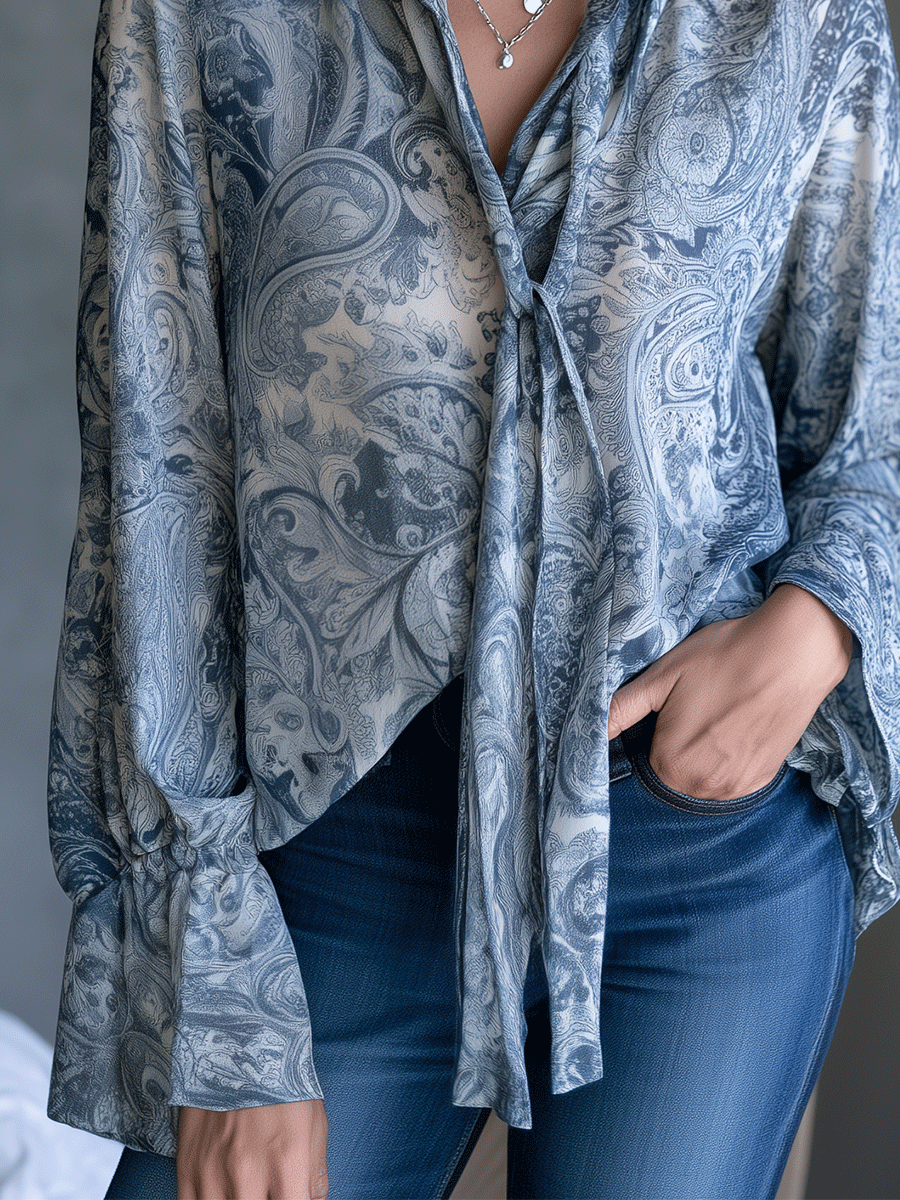 Women's Paisley Print Chiffon Tie Neck Blouse