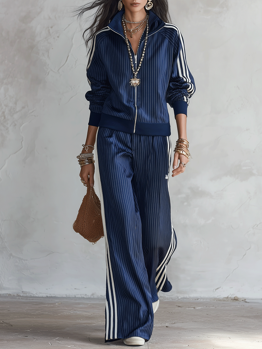 Women's Satin Pinstripe Tracksuit Set - Zip-Up Jacket & Wide-Leg Pants