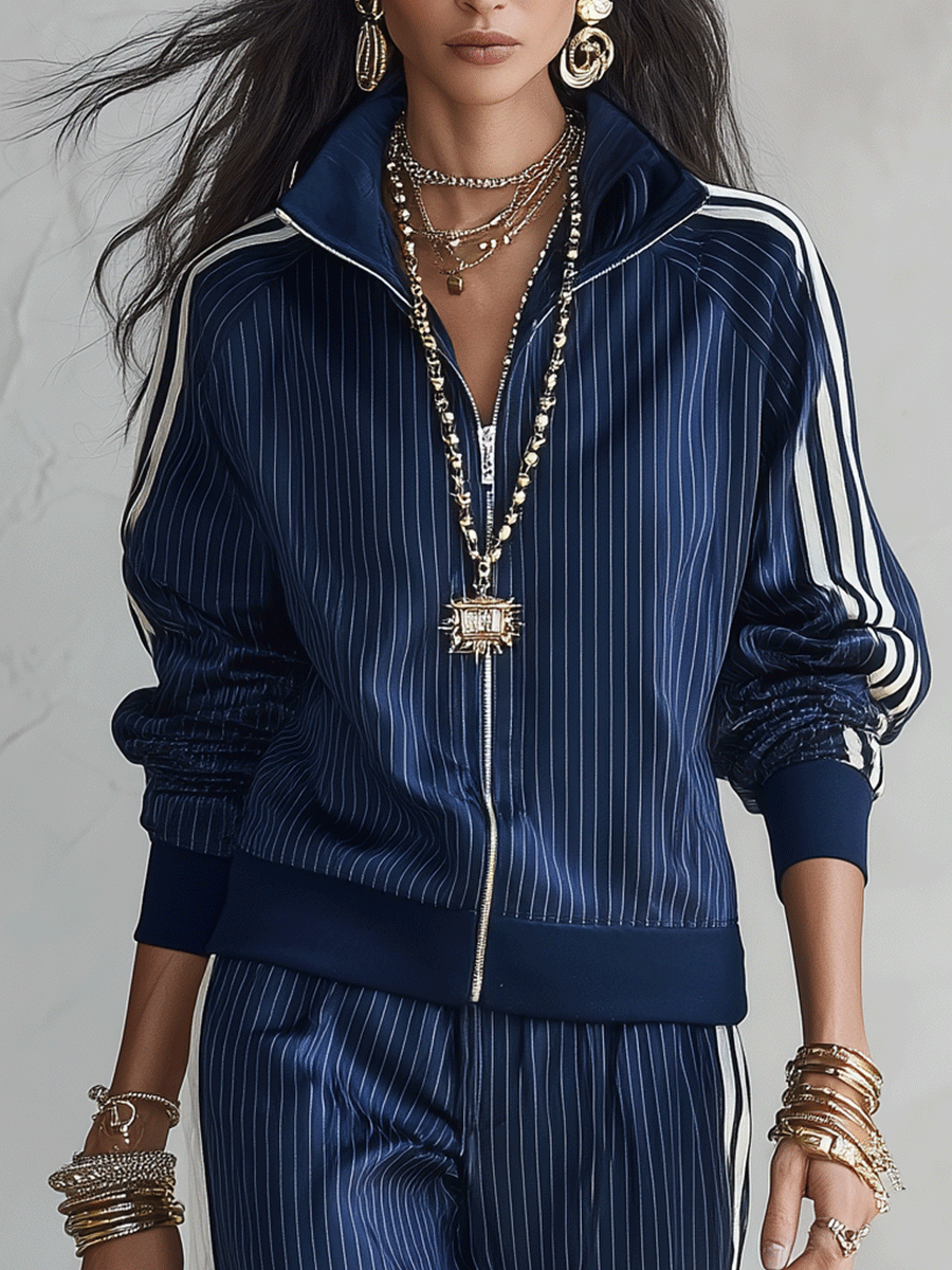 Women's Satin Pinstripe Tracksuit Set - Zip-Up Jacket & Wide-Leg Pants