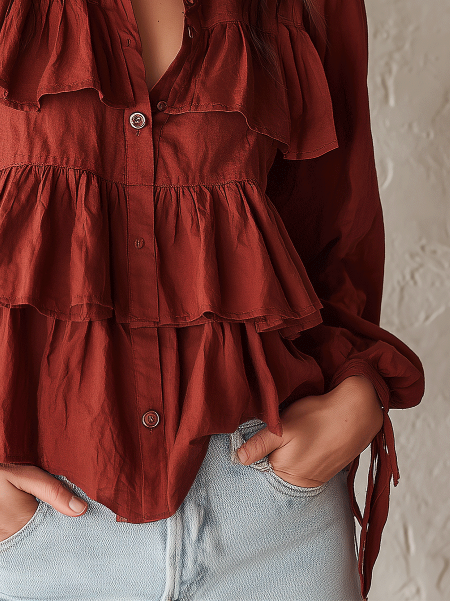 Romantic Boho Cotton Tiered-Ruffle Button-Front Rust Blouse