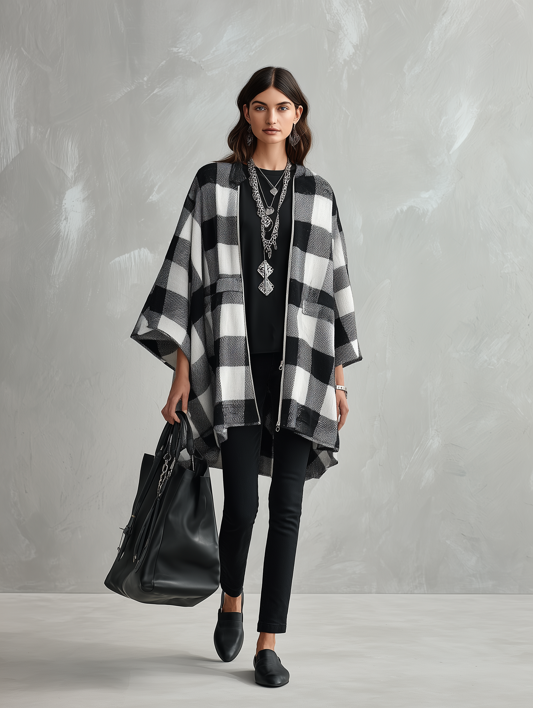Women's Buffalo Check Poncho Cape Open Front Oversized Wrap Coat