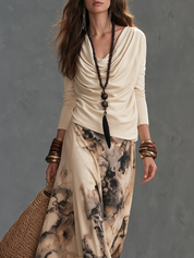 Elegant Bohemian Draped Top & Ink Print Maxi Skirt Set