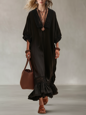 Boho Luxe V-Neck Lace Trim Batwing Maxi Dress