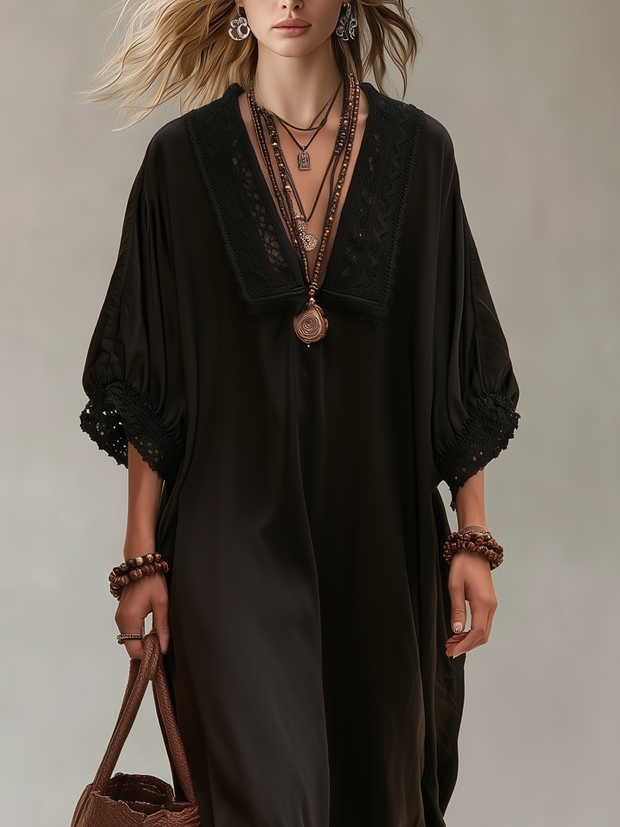 Boho Luxe V-Neck Lace Trim Batwing Maxi Dress