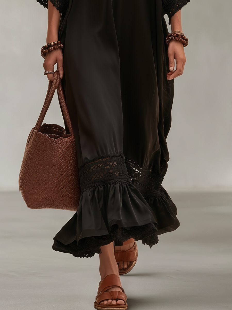 Boho Luxe V-Neck Lace Trim Batwing Maxi Dress
