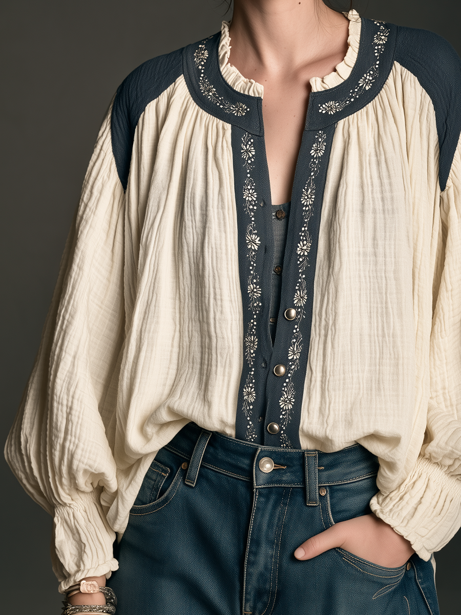 Vintage Romance Contrast Trim Cotton Peasant Top
